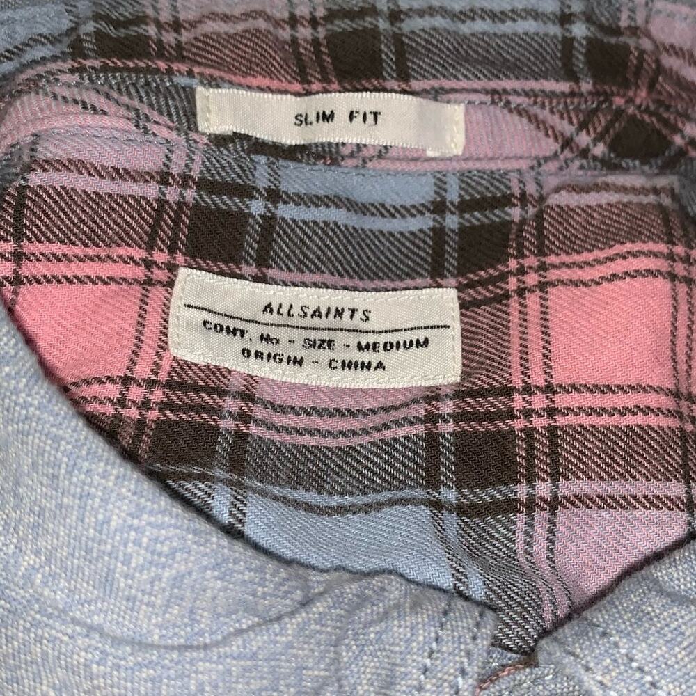 All Saints Long Sleeve Shirt Pink Blue SLIM FIT sz medium - Picture 5 of 7
